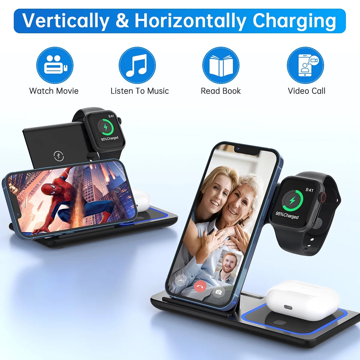 Wireless Charger, 18W Fast Iphone Charging Station Compatible for Iphone 17/16/15/14/13/12/11/Pro Max/Plus, 3 in 1 Wireless Charger Stand for Iwatch SE 11/10/9/8/7/6/5/4, Airpods Pro 2/3/4