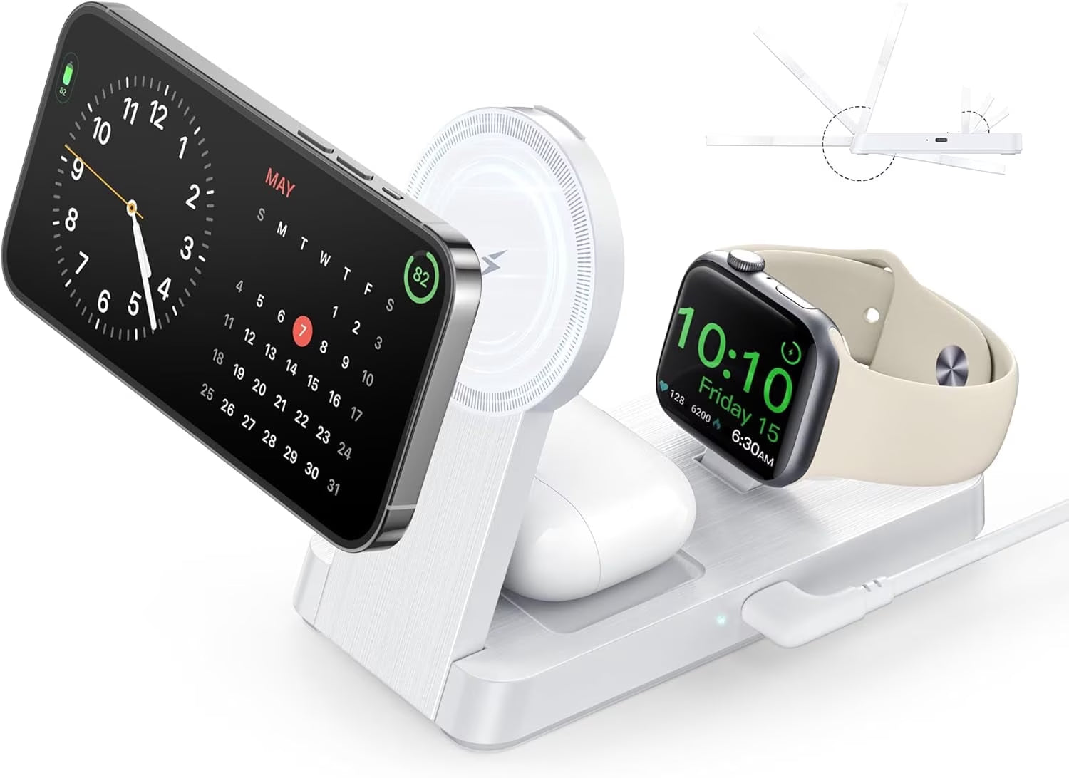 3 in 1 Charging Station - 2026 Foldable Wireless Charger Compatible for Iphone 17/16/15/14/13/12 plus Pro Max, Iwatch & Airpods, White