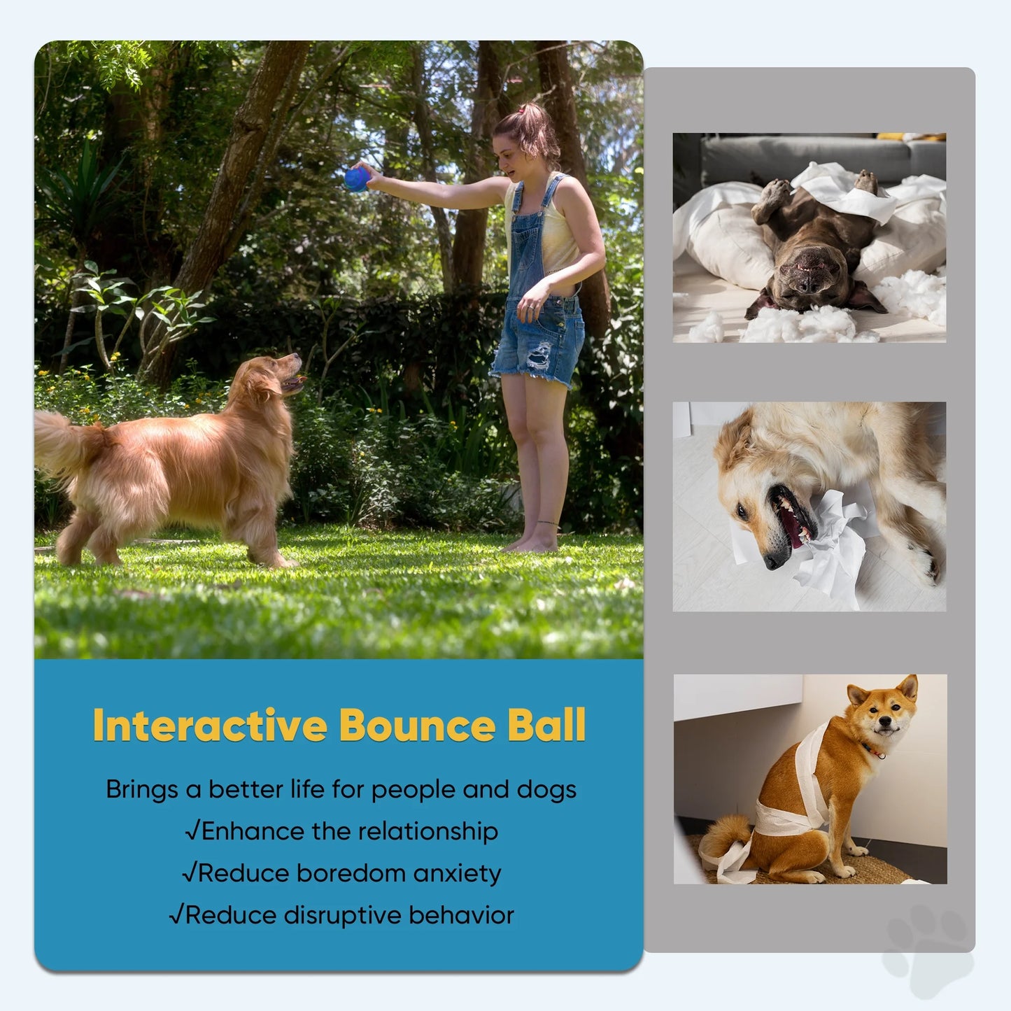 Interactive Toy Dog Ball, Active Rolling Ball for Dogs with Flashing LED Light, Moving Bouncing Toys Ball for Medium Large Dogs, USB Rechargeable, Blue